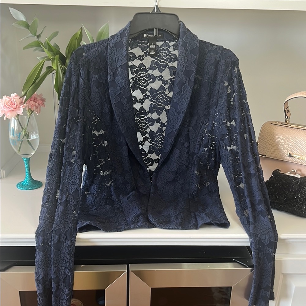 INC International Concepts Blue Cropped Blazer with Shawl Collar